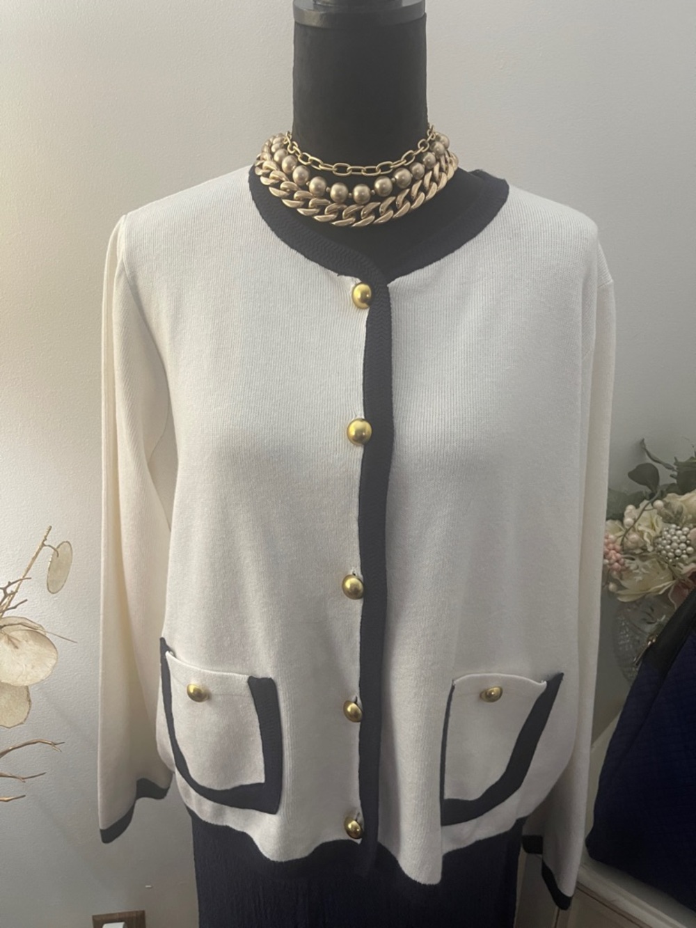 Cream and Navy Blue Contrast Trim Cardigan Top